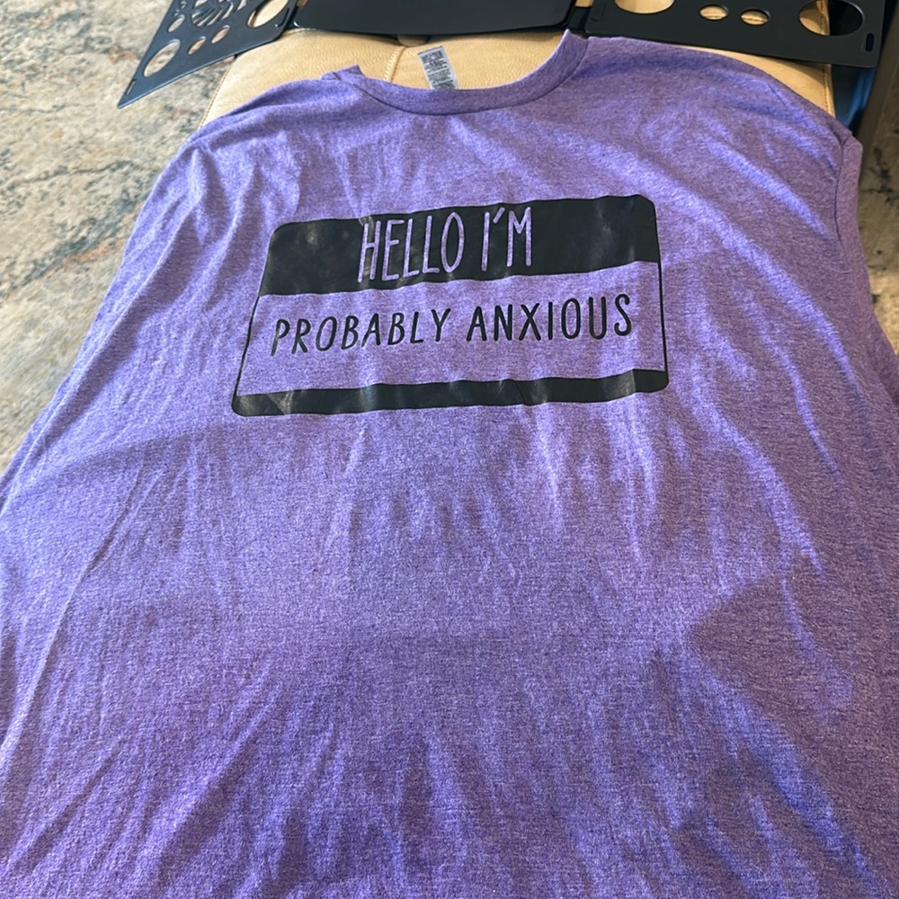 Gildan double X Heather blue T-shirt with the saying hello I'm probably anxious
